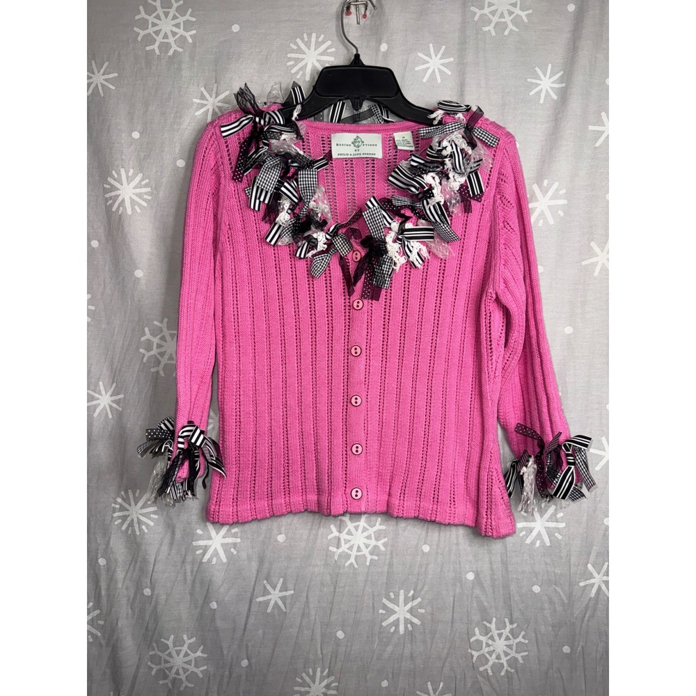 Design Options Philip Jane Gordon Pink Ribbon Bow Lace Knit Cardigan Sweater M